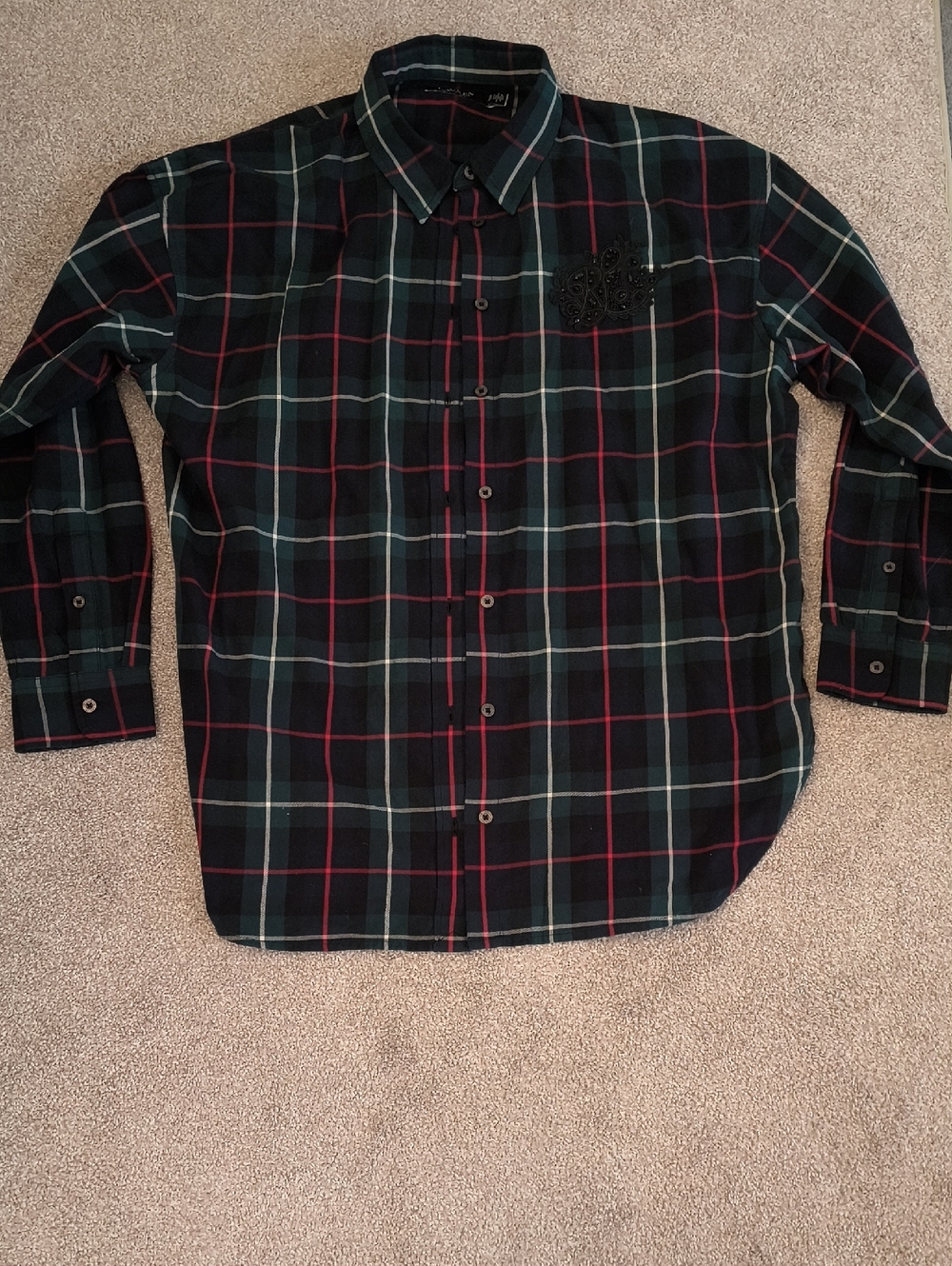 Ralph Lauren Black, Green & Red Plaid Button-Down Shirt Sequin LRL Logo Front